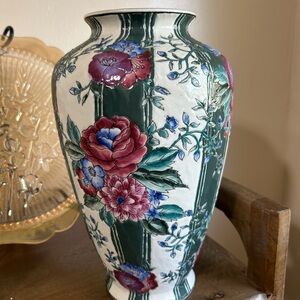 Decorative Floral Ceramic Vase in Green and Cream